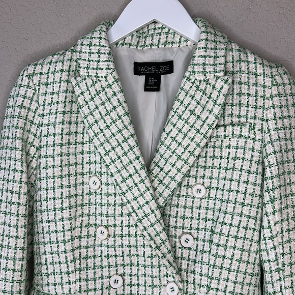 Rachel Zoe Green White Tweed Notch Collar Double Breasted Blazer Jacket Size XS - Picture 3 of 13